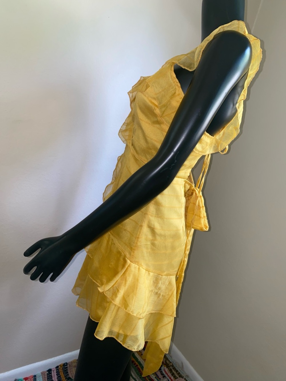 Yellow Ruffle V-Neck Women's Dress - Picture 6 of 13